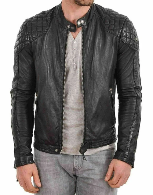 Men's Genuine Lambskin Leather Classic Quilted Slim Fit Biker Black Coat Jacket