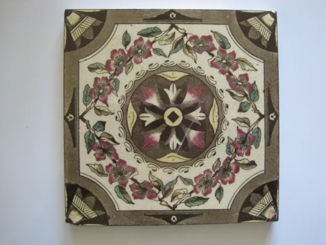 Antique Victorian Print & Tint Tile - Aesthetic Central Roundel & Floral Design