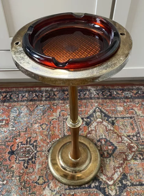 Vintage Brass Tone Wood Grain Amber Glass Pedestal Floor Ashtray MCM Plant Stand