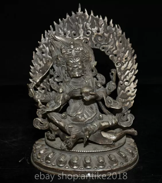 9.2 " Old Tibet Buddhism Silver Mahakala Wrathful Deity Buddha Lotus Statue