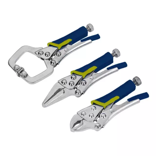 3pc Pliers Set, Curved Plier Long Nose & C Clamp Plier, Adjustable Locking Jaws