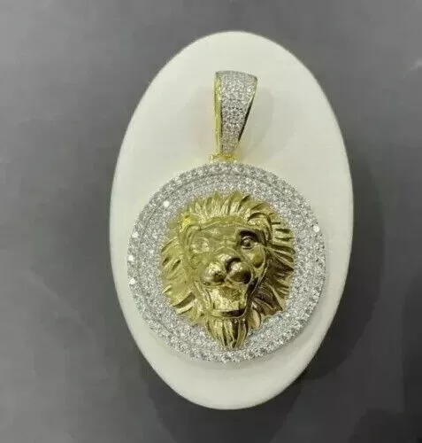 '2Ct Round Cut Simulated Diamond Lion Charm Men's Pendant 14K Yellow Gold Plated