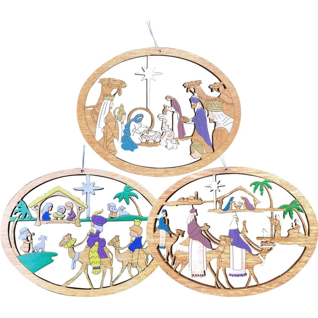 3 piezas virutas de madera de belén figura de Jesús adornos recortados de madera excavaciones