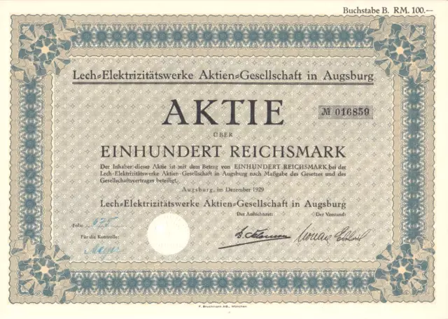 Lech Elektrizitätswerke Aktien-Gesellschaft in Augsburg - 100 RM - Augsburg 1929