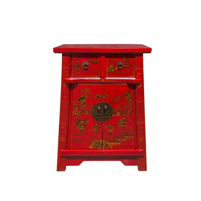 Chinese Rustic Bright Red Golden Graphic End Table Nightstand cs7335