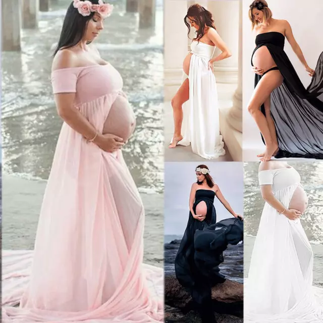 Women Pregnant Long Maxi Maternity Dress Gown Photo Photography Prop Front Split