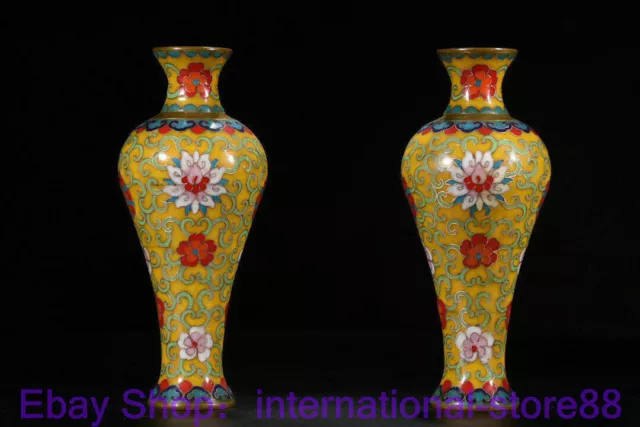 8" Old Chinese Yellow Cloisonne Enamel Dynasty Palace Flower Bottle Vase Pair