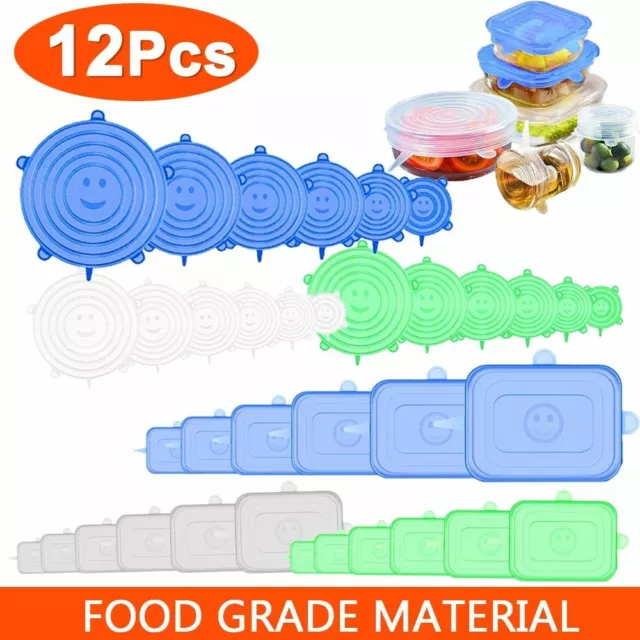 12 PCS Reusable Silicone Food Cover Stretch Lids Elastic Adjust Bowl Microwave