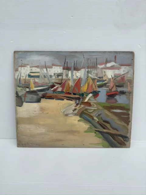 Georges Léo DEGORCE Peinture Sur Panneau Bateaux Marine Scène De Port