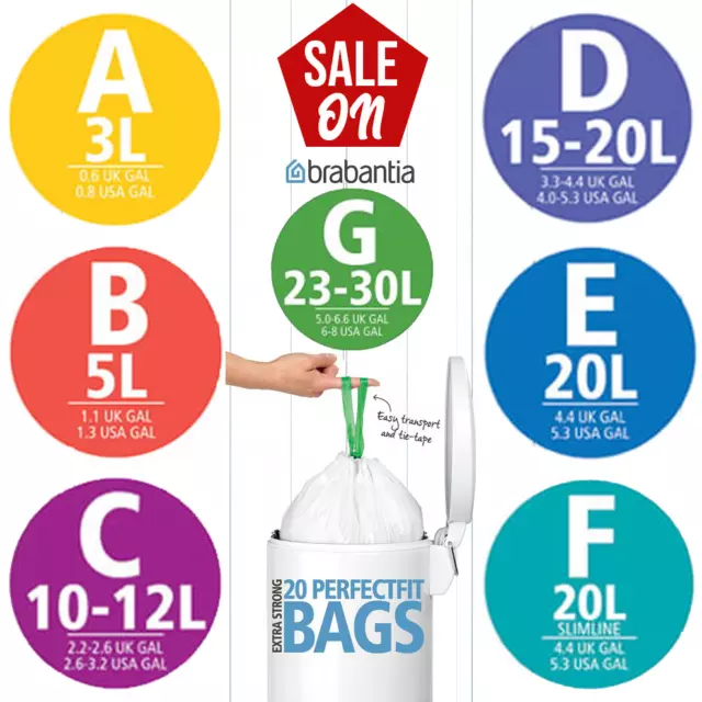 Brabantia Bin Liners / Rubbish Bags 3L 5L 12L 20L 30L 50L & 60L Size A B C D E F