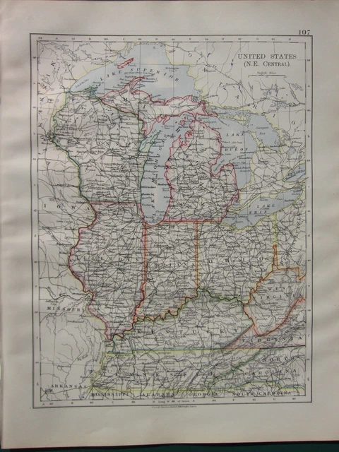 1900 Victorian Map ~ USA North East Central Indiana Ohio Illinois