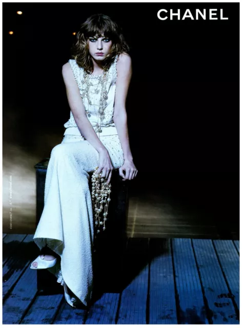 2001 Chanel Print Ad, Fashion Model Eugenia Volodina Pinup Lake Dock Night Shot