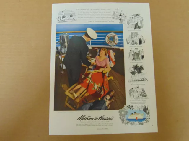 1950 MATSON TO HAWAII LURLINE CRUISE vintage art print ad