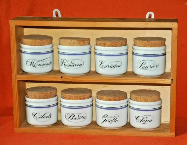 8 Pots à condiments épices en porcelaine d'Auteuil avec étagère très bon état