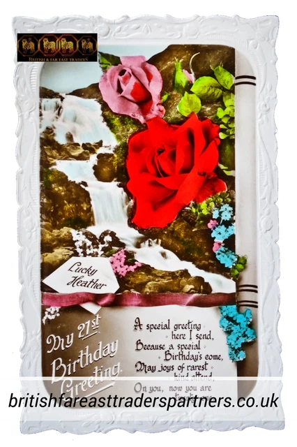 VINTAGE 21st BIRTHDAY GREETINGS Waterfall Flowers Nature RPPC Postcard
