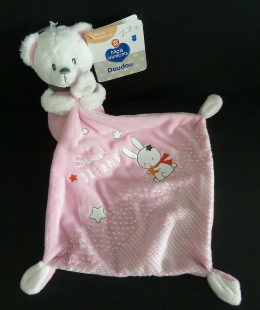 *. Doudou Peluche Mots D'enfant Ours Rose Mouchoir Sweet Dreams Lapin 100%Neuf