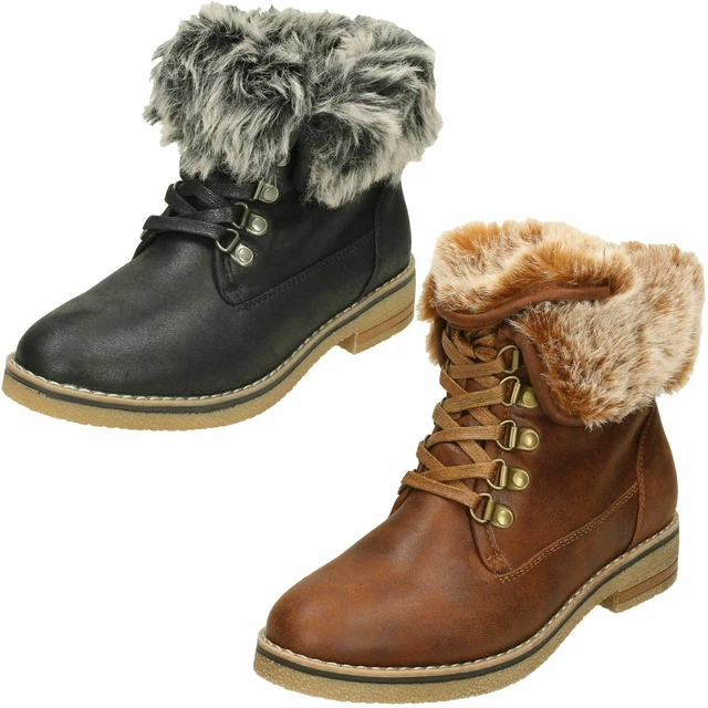 Femmes Down To Earth F5R0865 Lacet Décontracté Talon Bas Chaud Fourrure Bottines