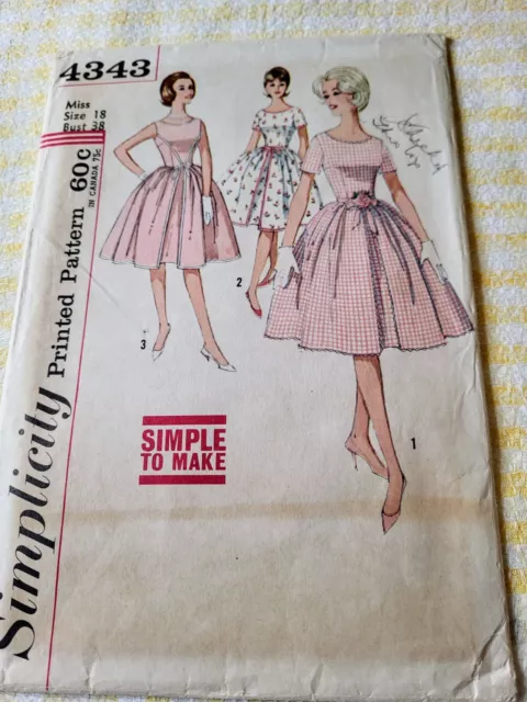 Vtg 1960's Simplicity 4343 INVERTED-PLEAT DRESS  Sewing Pattern Large Sz 18 B 38