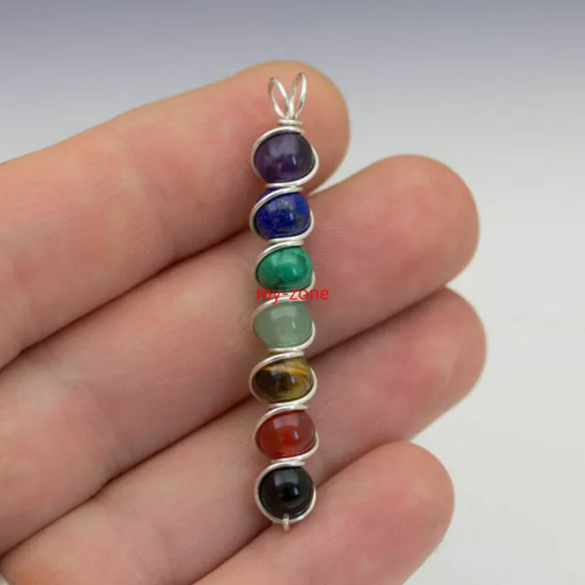 Natural 7 Chakra Gemstone Beads Pendant Wire Wrapped Healing Reiki Crystal