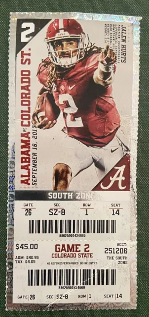 2017 Colorado State @ Alabama Football Ticket Stub Devonta Smith 1st Game w Tide