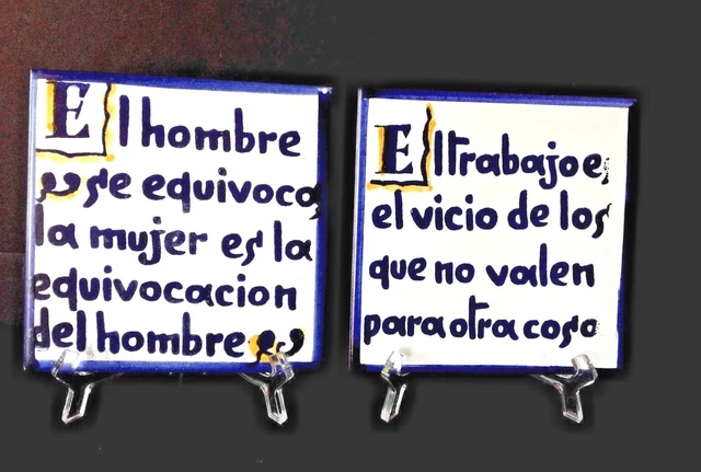 Pair Vintage ‘’Spanish Quotes’' Hand-painted Decor Spain 6”x 6” Ceramic Tiles