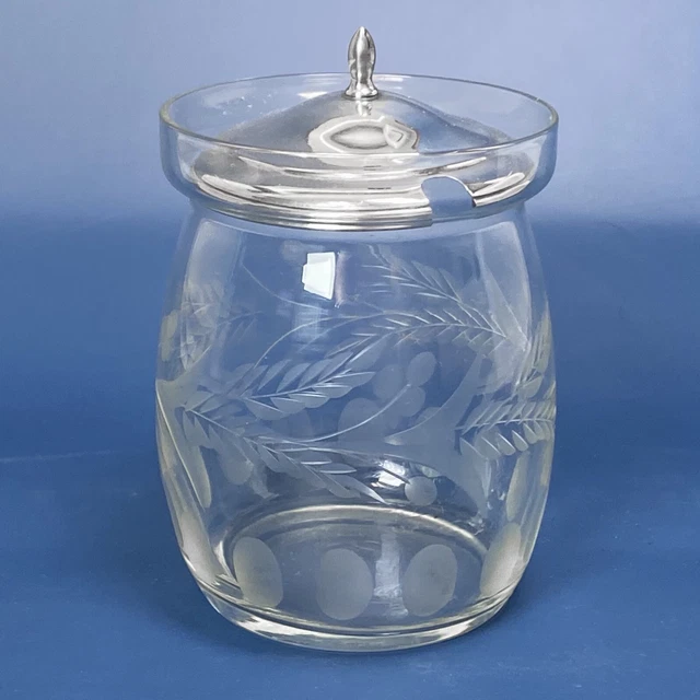 Vintage Etched Crystal Jam / Mustard Jar with Signed Sterling Silver Lid