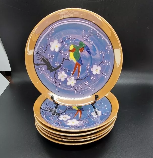 Grandmillenial 6pc Set Vintage Takito TT Lusterware Hand Painted Bird Plates