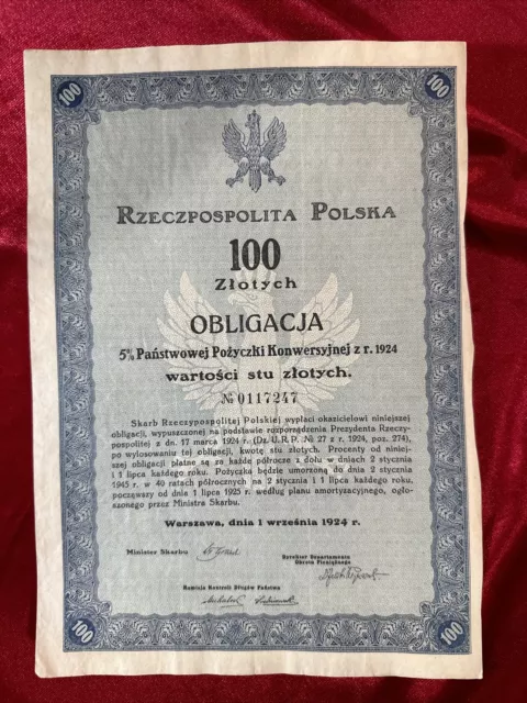 The Republic of Poland A5% State Conversion Loan bond from 1924 valued at 100 ZL