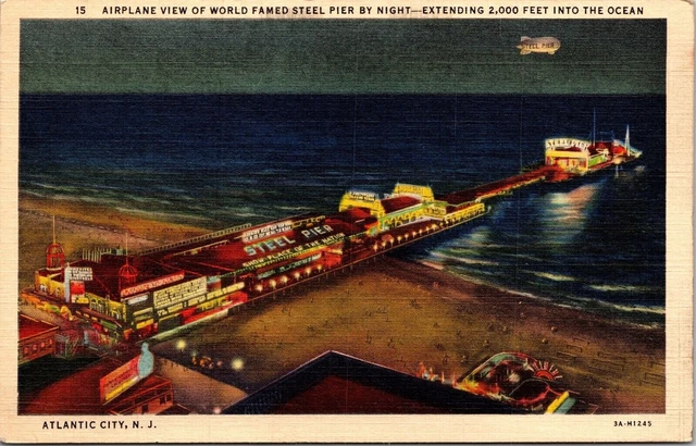 Airplane View Worl Famed Steel Pier Night Ocean Atlantic City NJ Postcard