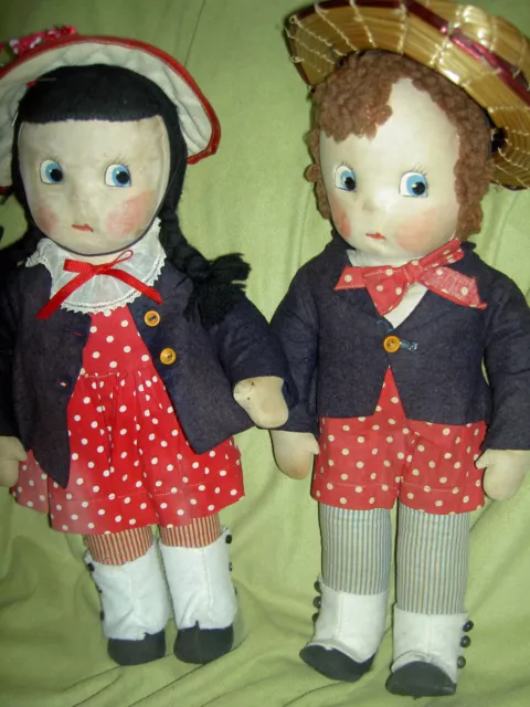 VERY RARE pair 16" antique Mme. Alexander "Susie Q" & "Bobby Q" 1938 cloth dolls