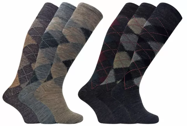 Mens Extra Long Knee High Warm Argyle Lambs Wool Socks in Brown or Grey UK 6-11
