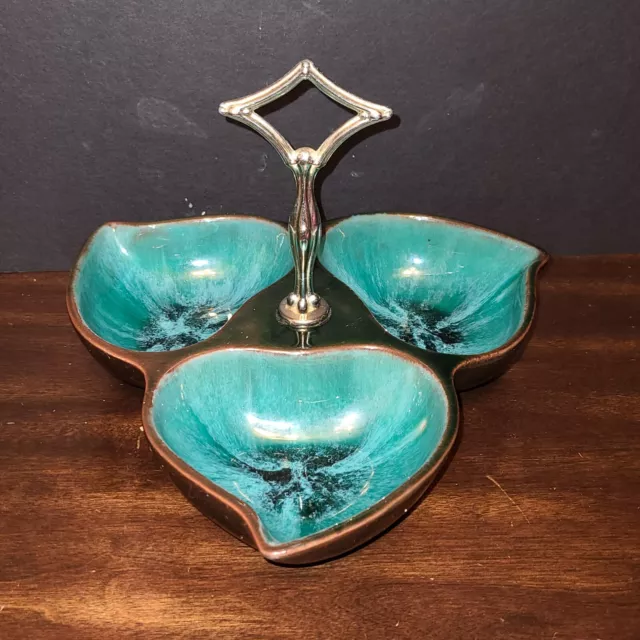 BMP  Three Section Serving Bowl Turquoise Brown Glaze Drip Mid Century Modern