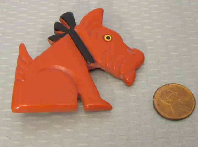 vtg French hand carved painted ORANGE GALALITH SCOTTIE DOG PIN thick chunky deco