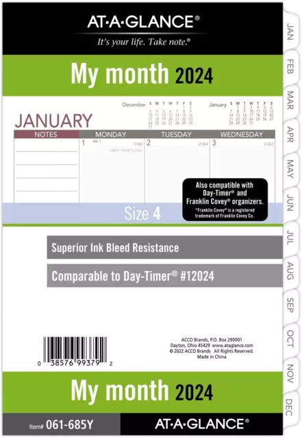 AT-A-GLANCE 2024 Monthly Planner Refill, 12024 Day-Timer 5-1/2" X 8-1/2", Size 4