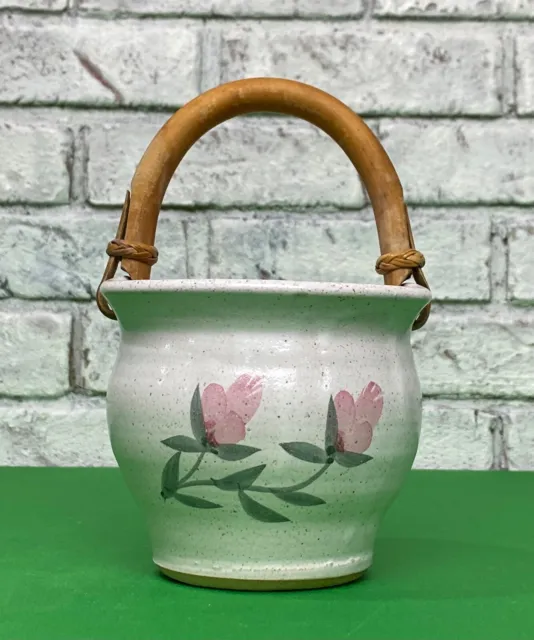 Vintage Hand Made Signed Art Pottery Basket Bamboo Handle Hand Painted Flowers