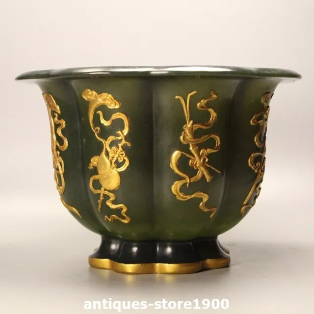 8.6" Rare China Natural Hetian Green Jade Gilt Carving Eight treasures Bowl