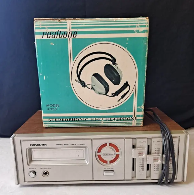 Vintage Sound Design 8 Track Player 4126 Wood Grain Vinyl Veneer + Headphones