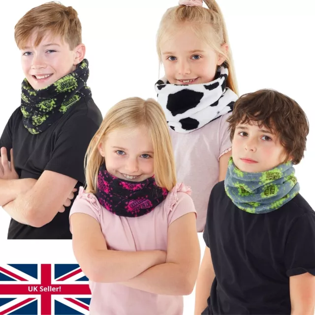 Boys Girls Kids Soft Fleece Neck Warmer Snood Scarf Cosy Warm Winter Printed