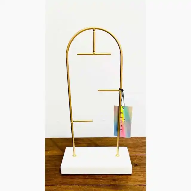 NWT: Oasis Home - White and Gold, Arched Jewelry Stand with Marble/ Stone Base