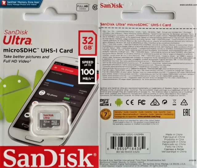 SanDisk Ultra MicroSD Karte Class 10 SDHC 16GB, 32G, 64GB, 128GB, 256GB, 512GB 3