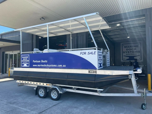 Pontoon BBQ Party Boat 5.7mtr x 2.5mtrs Aluminium with poly pontoons 25Hp Suzuki