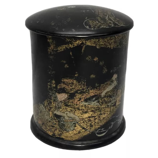 Antique Japanesed Chinoiserie Chinese Black Paper Mache Makeup Powder Box Caddy