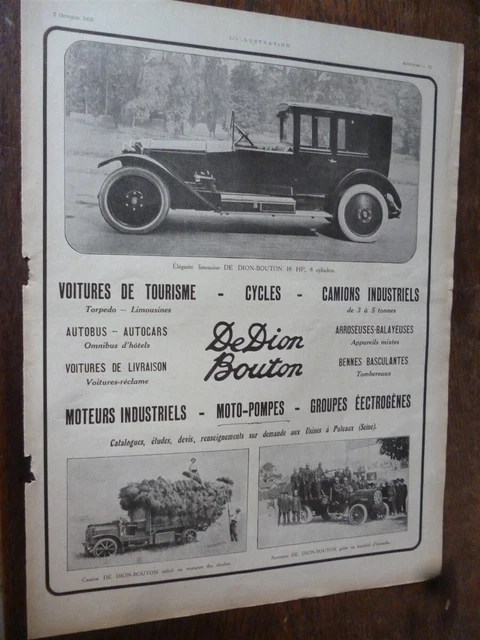 DE DION BOUTON voiture 18 HP 8 cylindres publicité papier ILLUSTRATION 1920