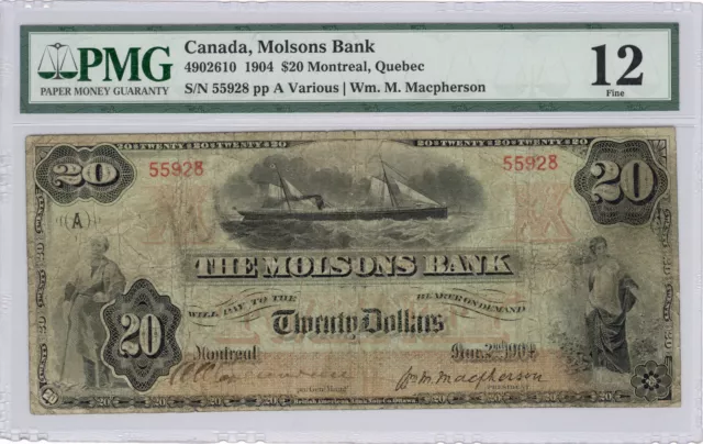 1904 $20 Molsons Bank Note - Montreal, Canada; Graded Fine-12 by PMG