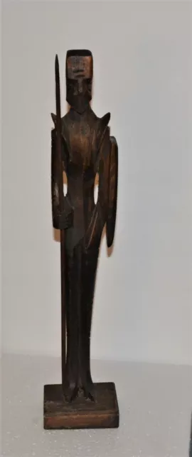 Art Nouveau Wooden Soldier w/ Spear & Shield Hand Carved Folk Art 16 ½” M