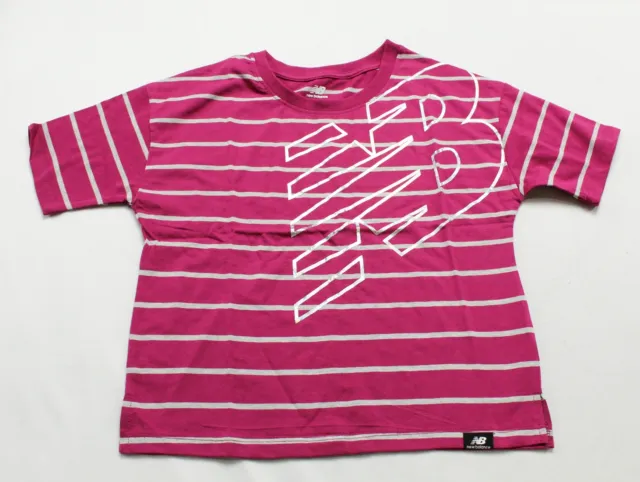 New Balance Girl's Striped Short Sleeve Logo T-Shirt BE5 Cosmic Orchid Large NWT