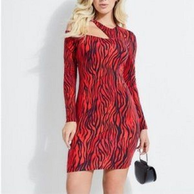 Guess Women's Sheath Cold Shoulder Animal Stripe Dress Red Size Medium