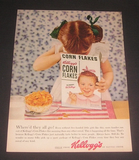 KELLOGG'S CORN FLAKES / Girl in Pigtails Peeking in Box, 1954 Vintage