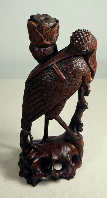 Large 11 ½” Vintage / Antique Asian Hand Carved Wooden Crane Incense Holder