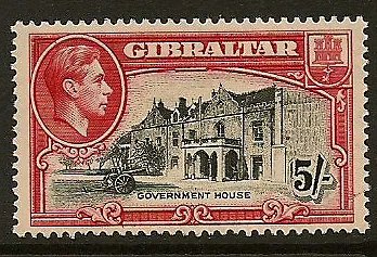 GIBRALTAR :1938 5/- black and carmine  perf 13 1/2 SG 129a mint